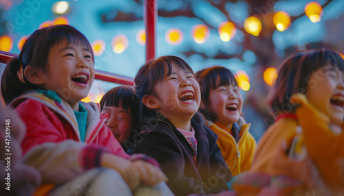 A diverse group of Asian children, play joyfully on an inclusive playground, celebrating unity, laughter, and acceptance photo