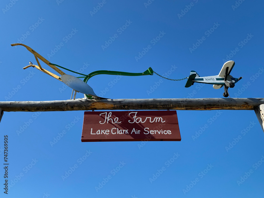Port Alsworth, Alaska The Farm Lake Clark Air Service sign. The Farm