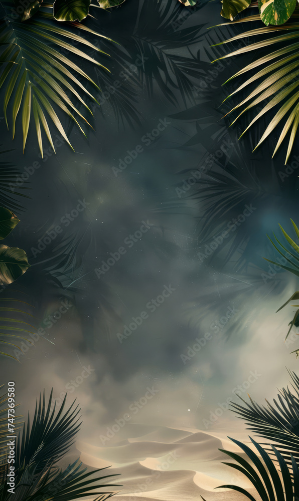 Palm leaves frame a sandy abstract oasis-like background.