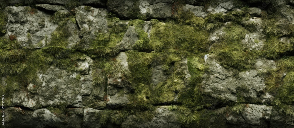 A stone wall covered in lush green moss, creating a textural contrast between the rough rock surface and the soft moss growth. The moss is thriving in the moist environment, adding a touch of natural
