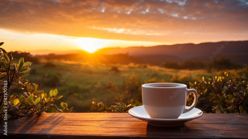 Fresh coffee cup outdoor in front of beautiful nature sunset