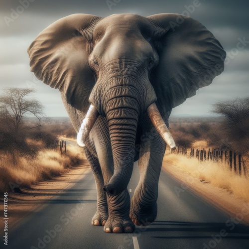 African bull elephant walks down African road 