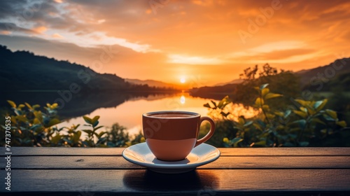 Fresh coffee cup outdoor in front of beautiful nature sunset