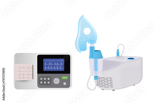 Medical aerosol. Nebulizer mask for bronchitis. Compressor inhaler.  Electrocardiographic patient monitoring - medical device 