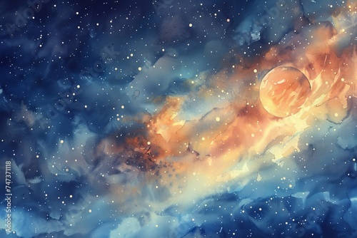Watercolor space and astronomy illustrations, mysterious and vast, featuring planets, stars, and galaxies for educational and imaginative themes.