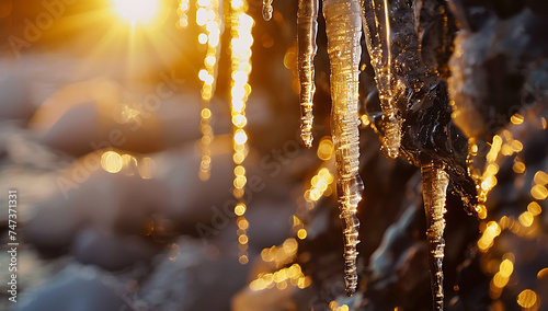 icicles hanging from the rocks in winter sunset in th