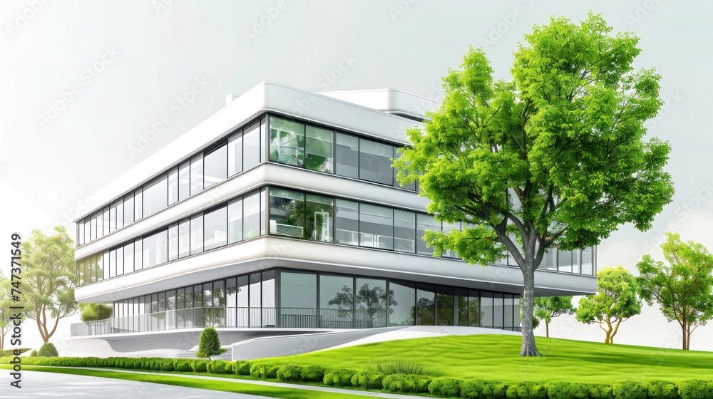 White office building built using a modernized construction method, surrounded by green lawn, bushes and green trees