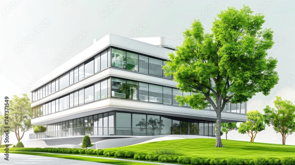 White office building built using a modernized construction method, surrounded by green lawn, bushes and green trees White office building built using a modernized construction method, surrounded by green lawn, bushes and green trees