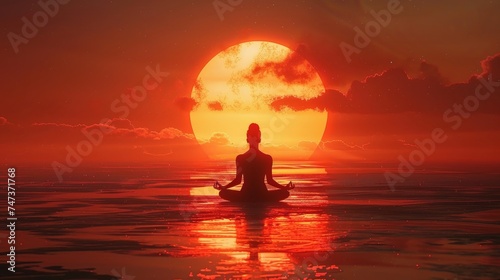 A serene image of an individual meditating before a large, setting sun over calm waters, evoking peace and mindfulness.