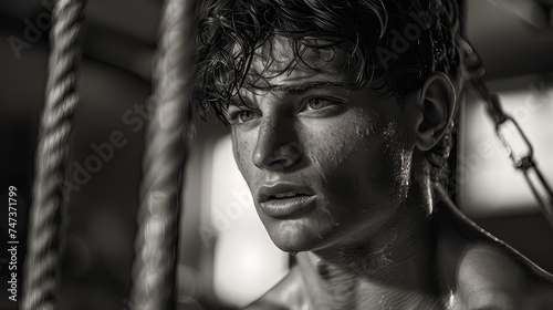 Black and white portrait of a young boxer, sweating and reflective, resting on the ropes of a boxing ring.