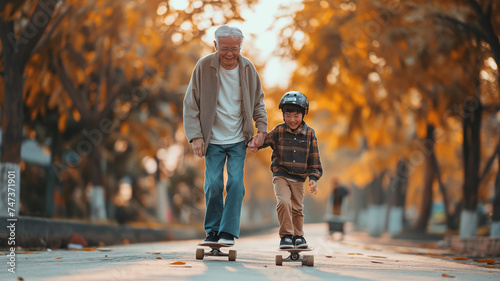 An elderly man teaches a young boy to skateboard in a park during autumn, symbolizing family bonding and intergenerational activities.