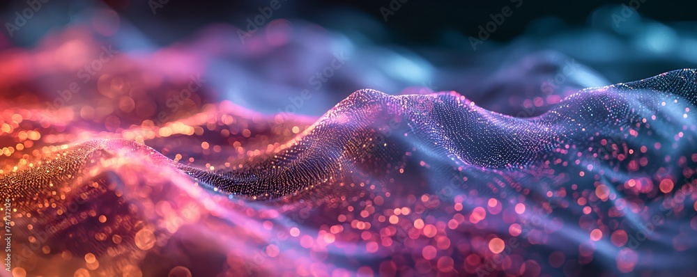 Futuristic abstract image with particle waves illuminated by neon blue and red lights, suggesting motion and connectivity, perfect for tech events or modern art themes.
