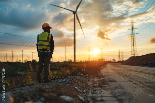 Silhouetted worker in safety gear looks on at wind turbines against a sunset, embodying themes of industry and renewable energy.