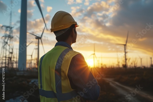 An engineer in safety gear overlooking wind turbines at sunset, symbolizing innovation in renewable energy and suitable for events like World Environment Day.