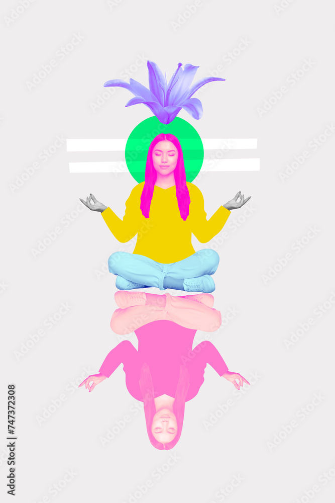 Vertical collage poster young sitting girl meditate mental rest concentration harmony plant beauty balance chakra retreat Vertical collage poster young sitting girl meditate mental rest concentration harmony plant beauty balance chakra retreat