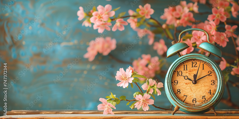 Alarm clock with cherry blossoms, switch to daylight saving time in spring, summer time changeover  - obrazy, fototapety, plakaty 