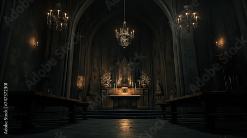 Altar in a dark gloomy Catholic cathedral  surrounded by shadows  casting an eerie and somber atmosphere