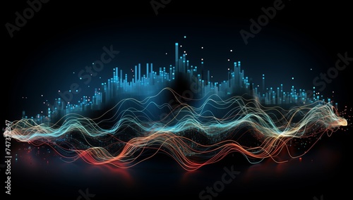 Futuristic abstract composition with glowing waveforms on a dark background, conveying a sense of rhythm and energy, suitable for tech events or electronic music festivals.