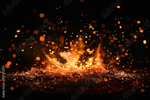 Bokeh of fire sparks particles with flame, blurred sparks from fire on dark abstract background.