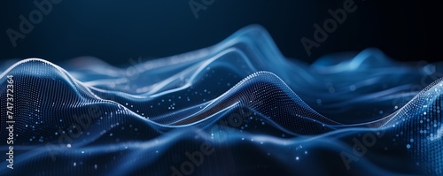 Futuristic digital waves with glowing particles in shades of blue, creating a serene high-tech atmosphere; suitable for science or technology-themed projects as a backdrop.