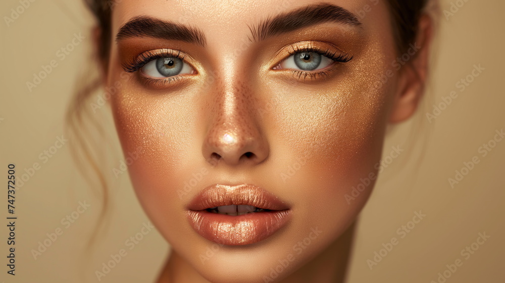 Beautiful woman makeup golden tan beauty skin. Radiant skin glows, exuding confidence and elegance. Artistry of makeup and the natural allure of beauty face