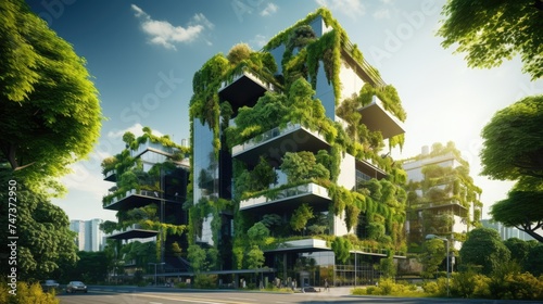 Vertical garden in modern city. Green tree forest on glass building. eco friendly concept