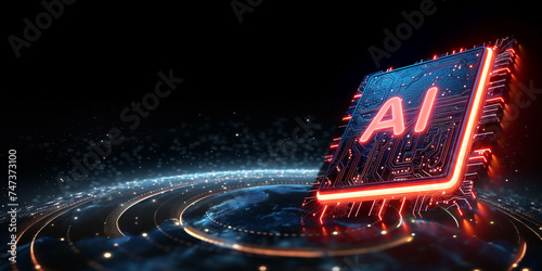 AI word on microchip over world with small spot light spread , AI concept with copyspace banner background, Generative AI. photo