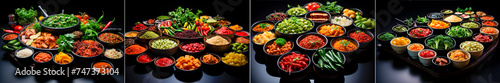collage of different types of food on a black background, in an orderly arrangement style,