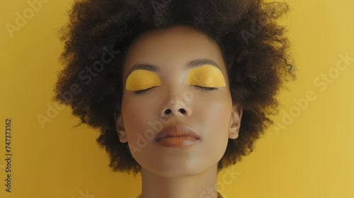 Afro haired brunette girl with closed eyes and creative yellow make-up, lips, and eyeshadow on a colorful background. Afro hairstyle with closed eyes.