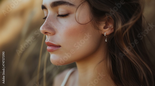 Small silver earrings in woman earrings, light neutral background. Delicate silver earrings adorn a woman ears, adding a touch of elegance photo
