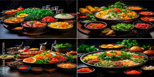 Visually appealing display of different dishes. Ideal for showcasing different cuisines or menu options. Great for social media posts or restaurant marketing materials.