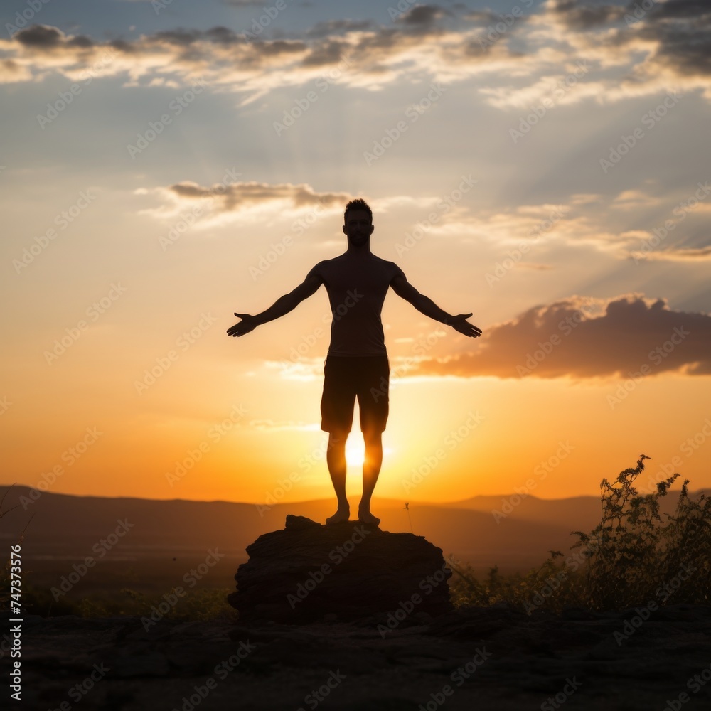 Fototapeta premium A man on a rock embraces the vibrant sunset with outstretched arms, creating a stunning silhouette against the warm orange and blue sky, contemplating natures beauty.