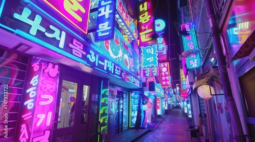 Colorful neon billboards at the Songpa Gu nightlife district in Seoul, South Korea