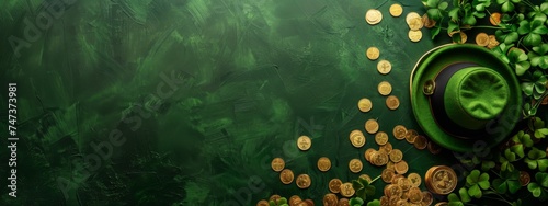 Saint Patricks day hat banner, golden coins and shamrocks on green background