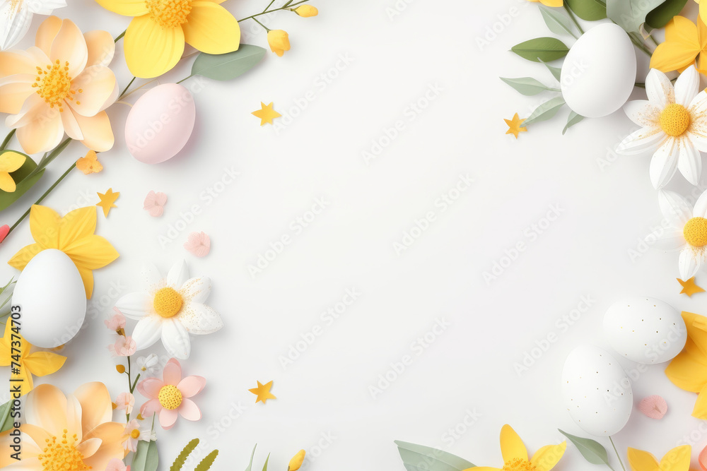 Fototapeta premium easter background with colorful eggs bunny and flowers on white background.happy Easter, spring, farm, holiday,festive scene , greeting cards, posters, .Easter holiday card concept.copy space 