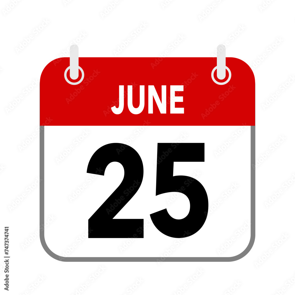 25 June, calendar date icon on white background. 25 June, calendar date icon on white background.