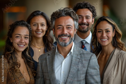 a group of business women and men in an office smiling, in the style of human-canvas integration. Generative AI
