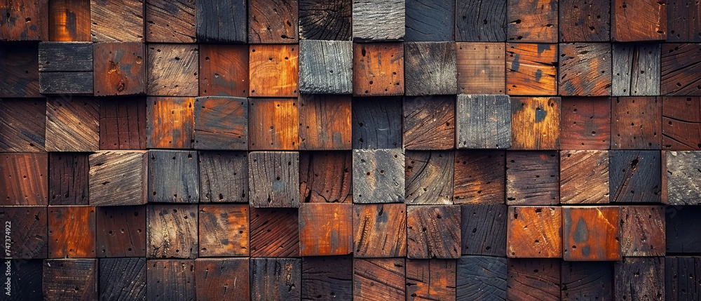 A full frame of wooden blocks with varied grains, colors, and textures creating a mosaic A full frame of wooden blocks with varied grains, colors, and textures creating a mosaic