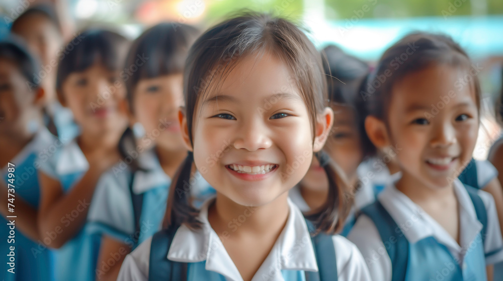 Group of elementary school children standing with happily smiling and bright eyes showing their happiness at school. Group of elementary school children standing with happily smiling and bright eyes showing their happiness at school.
