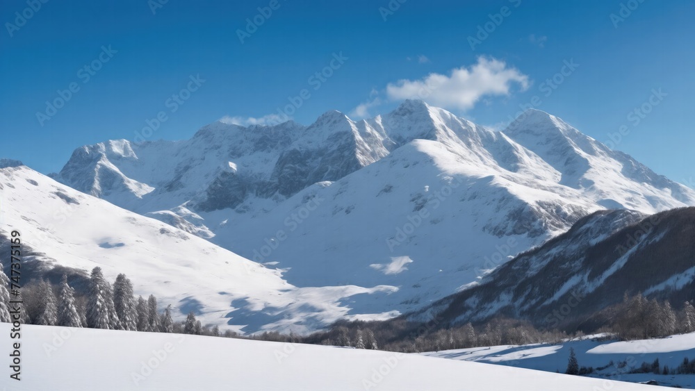 A snowy landscape with a snowy mountain in the background