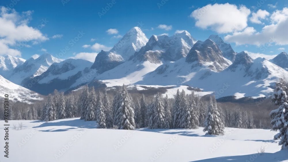 A snowy landscape with a snowy mountain in the background