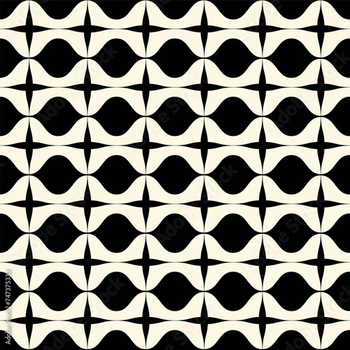 Retro geometric 70s cream and black waves and crosses mid century seamless pattern