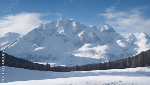 A snowy landscape with a snowy mountain in the background © Reazy Studio