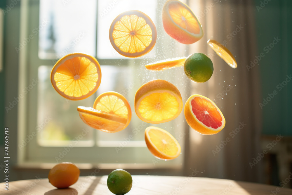Naklejka premium Citrus fruit slices. Oranges limes and lemons flying adorn the table in the air