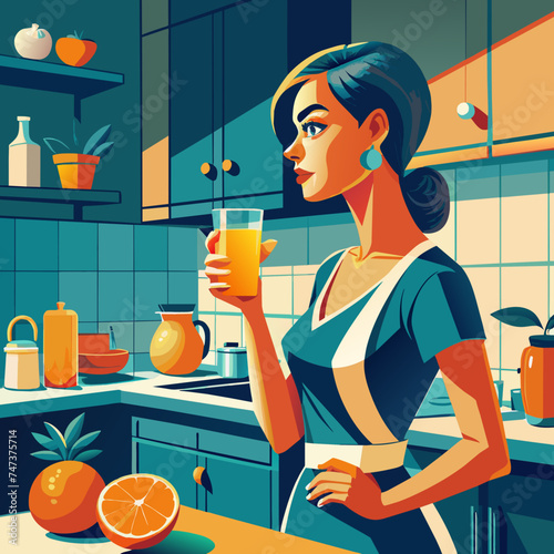 Beautiful woman drinking orange healty orange juice in the kitchen