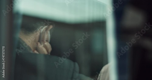 Japan businessman, travel and train in headphones, podcast and public transportation on metro bullet. Professional, person or suit in fast vehicle in motion blur, work trip or digital audio playlist