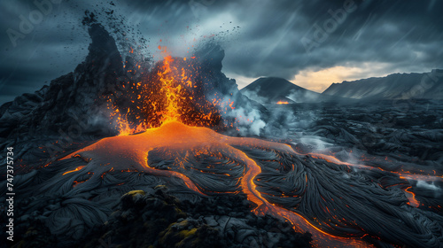 Fiery Volcanic Eruption with Lava Flows and Ash Clouds - Dynamic Earth Processes, Force of Nature, Elemental Power (AI-Generated)
