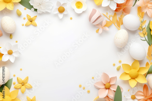 easter background with colorful eggs bunny and flowers on white background.happy Easter  spring  farm  holiday festive scene   greeting cards  posters  .Easter holiday card concept.copy space  