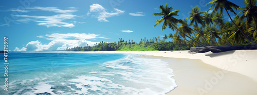 a white sandy beach with palm trees and blue sea