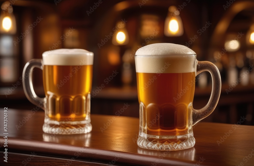 two mugs of amber beer with frothy head on bar counter, cozy tavern in background. two mugs of amber beer with frothy head on bar counter, cozy tavern in background.